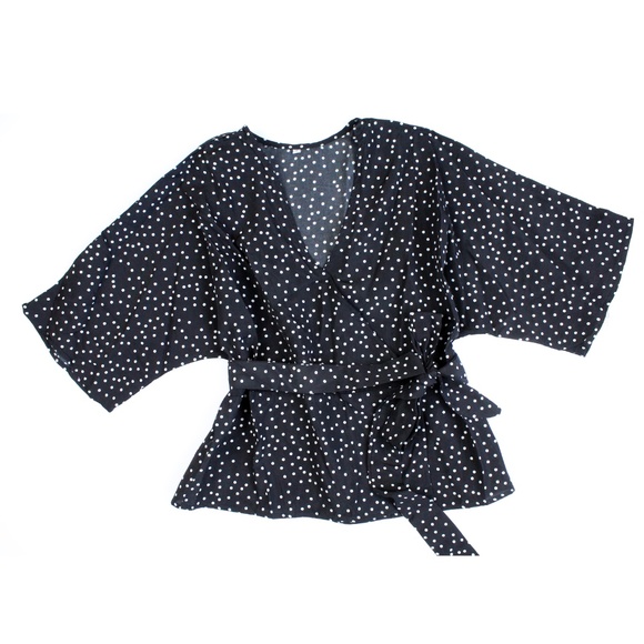 Polka Dot V-Neck Wrap Belted Black Top - Picture 8 of 8